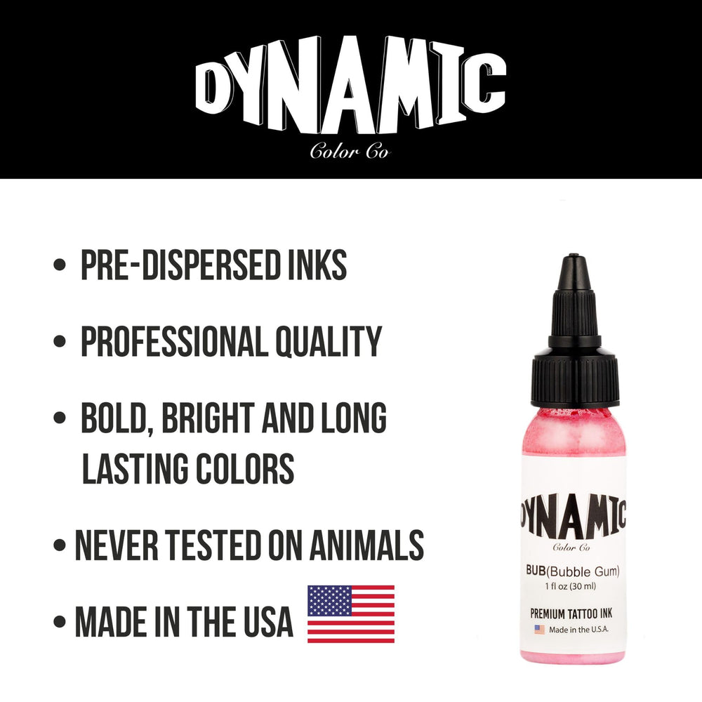 Dynamic Color Co Tatouage Encre Bubble Gum, idéal pour contours précis et dégradés fluides.
