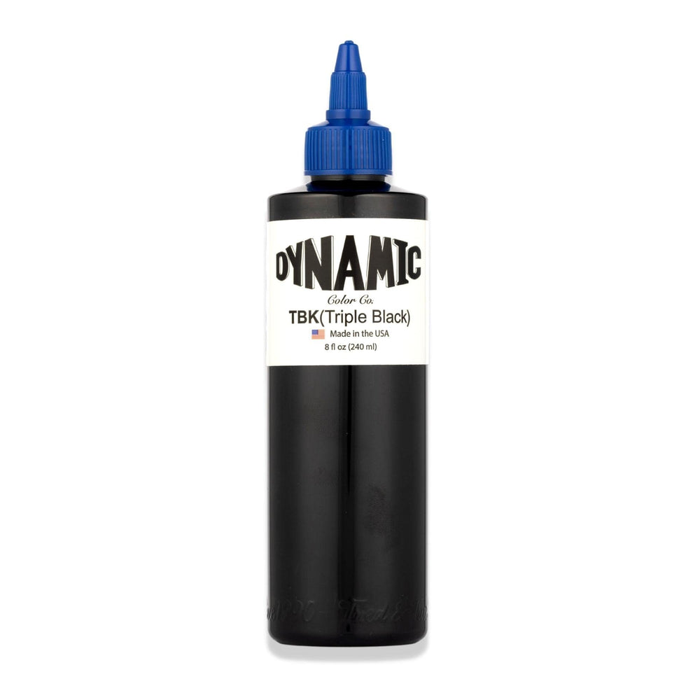 Dynamic Color Co Triple Black Ink Bottle 8oz, bouteille claire démontrant l'encre noire riche