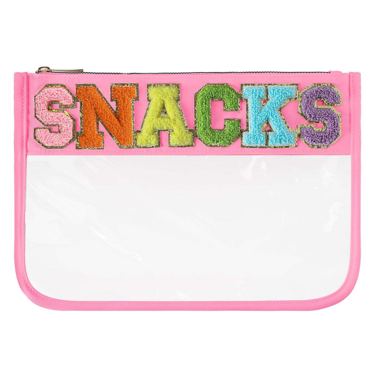 Pochette DYSHAYEN transparente en nylon avec lettres chenille rose pour le maquillage.