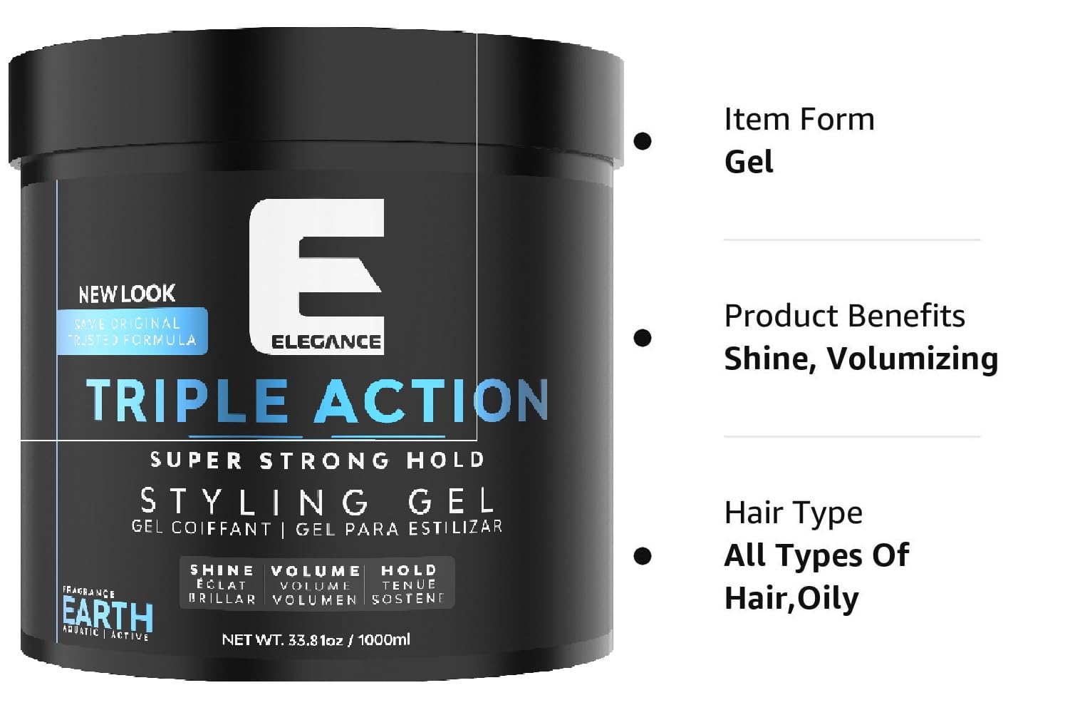 E Elegance Earth Fragrance hair gel demonstrates strong hold for defined styles.