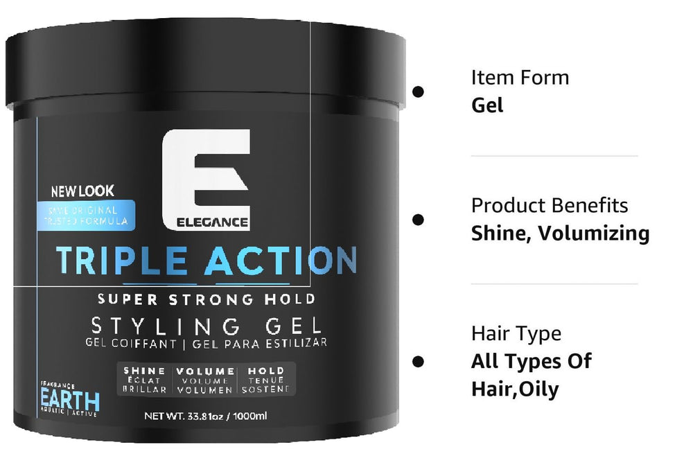 E Elegance Earth Fragrance hair gel demonstrates strong hold for defined styles.