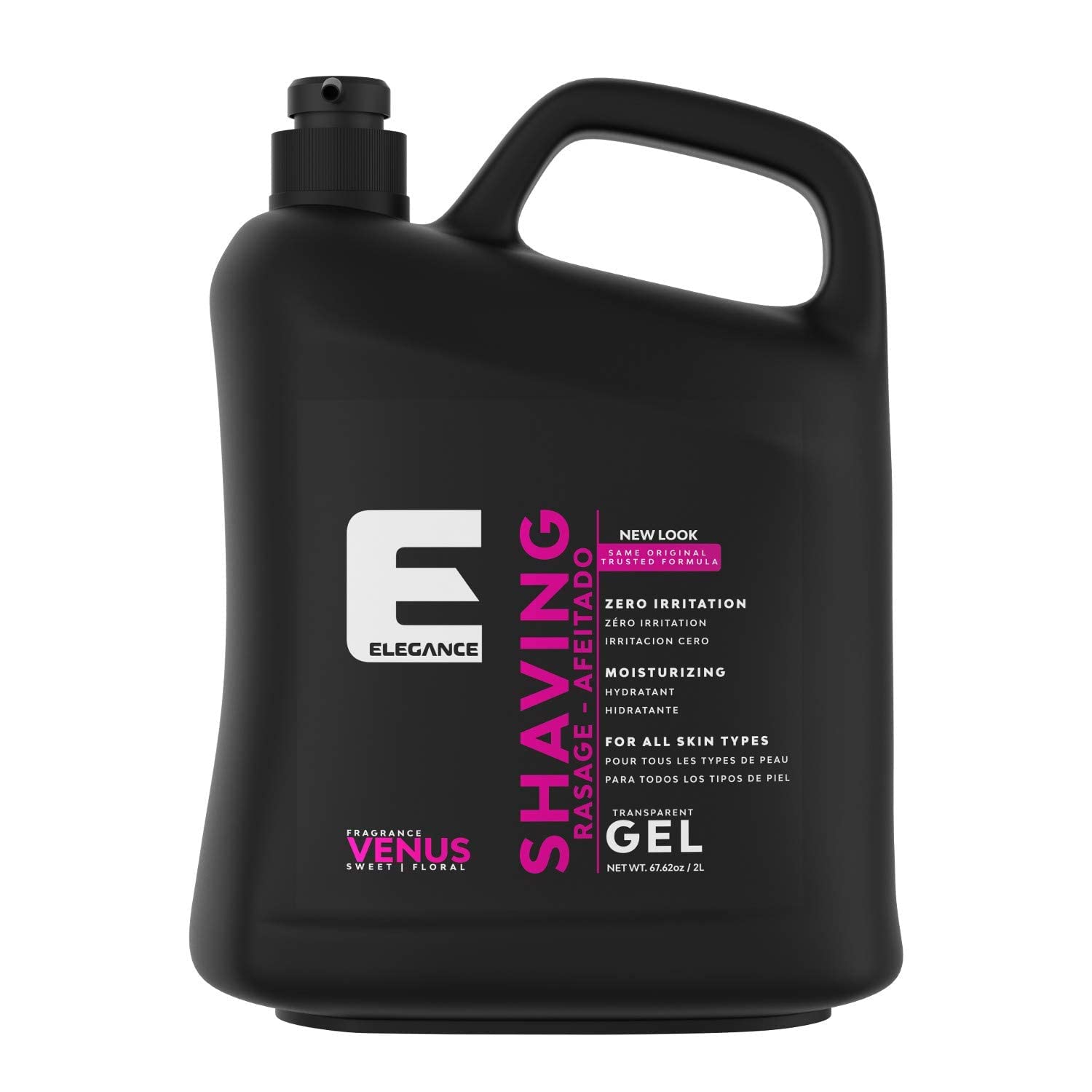 Gel de rasage transparent E Elegance dans sa bouteille, visibilité claire pour un rasage précis.