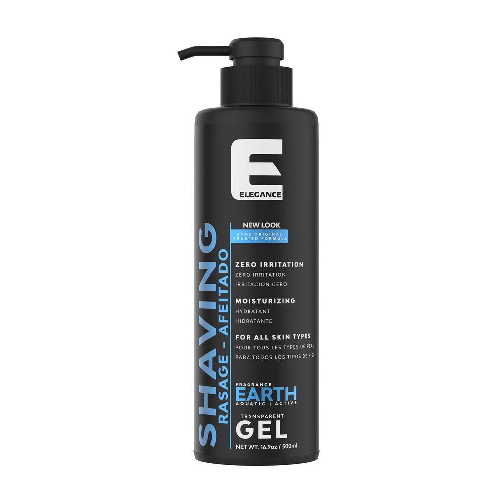 Gel de rasage transparent E Elegance dans flacon de 500 ml, usage rapide et pratique.