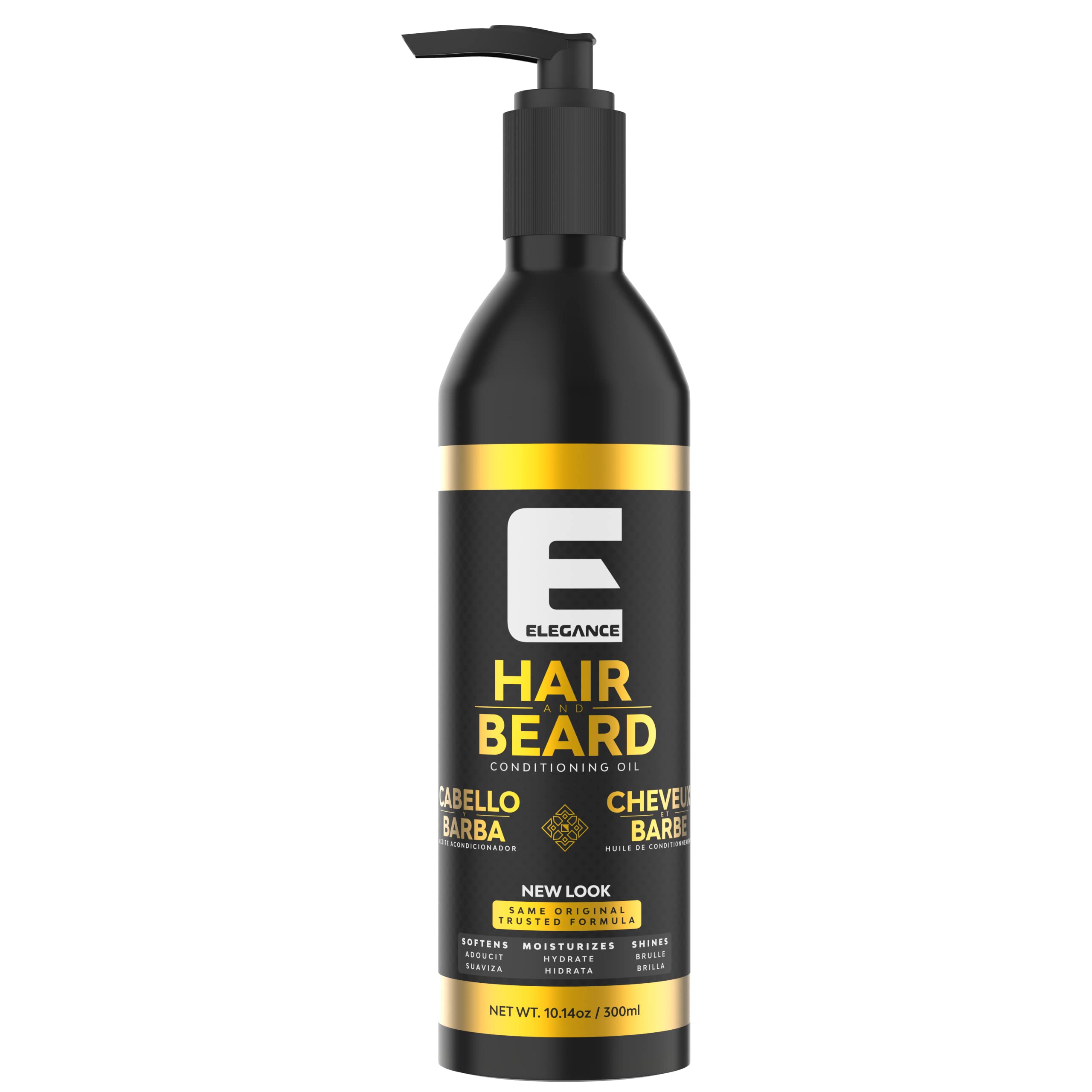 Huile Elegance pour cheveux et barbe, bouteille en gros plan, hydratation en profondeur.