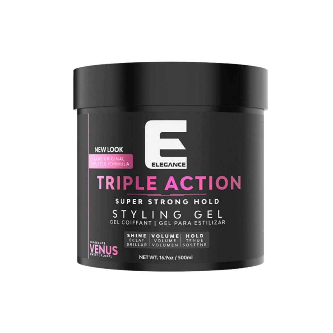 Gel-coiffant E Elegance Venus action triple pour tenue durable et volume immédiat.