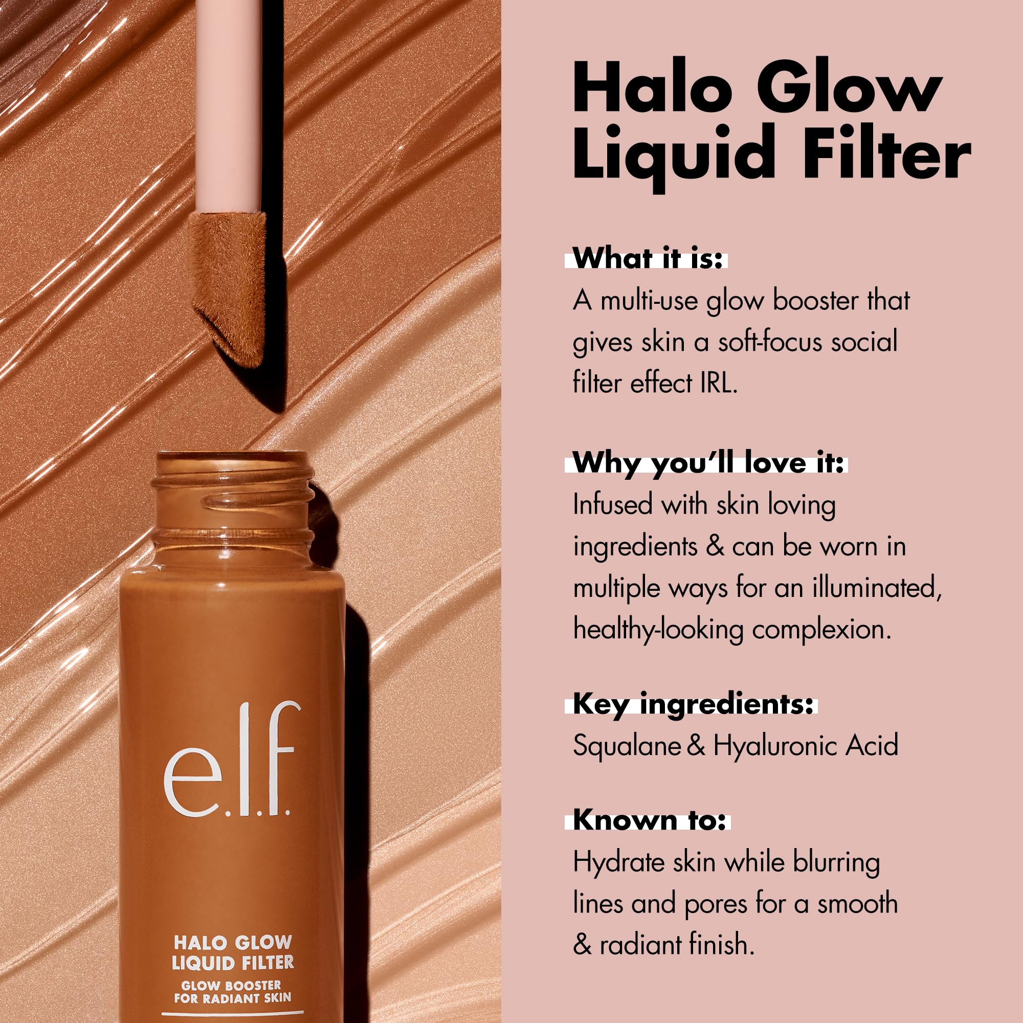 Filtre liquide Halo Glow d’e.l.f. – hydratation grâce à l’acide hyaluronique et squalane.