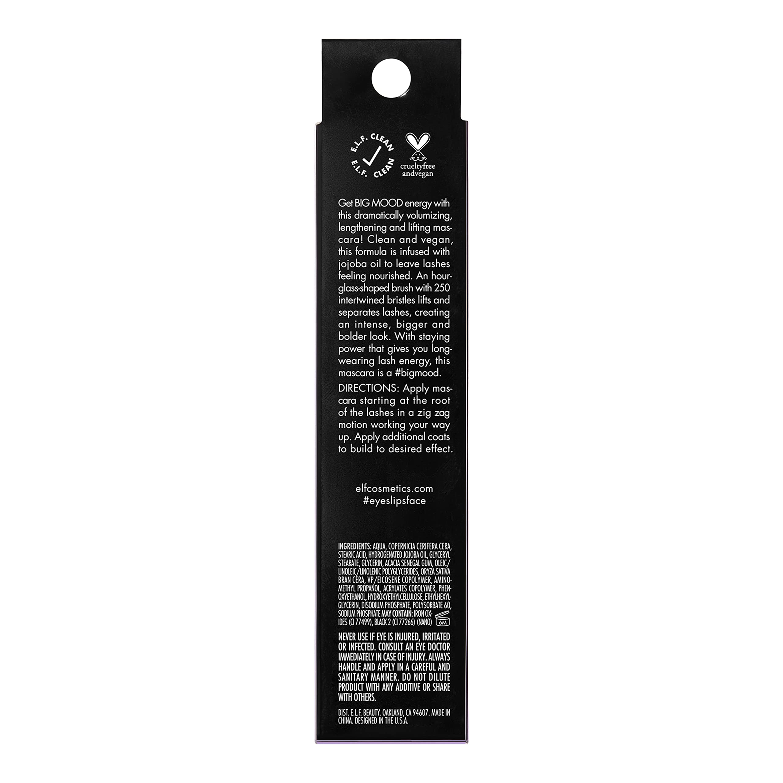 e.l.f. Big Mood Mascara contient de la cire de jojoba pour une application lisse et confortable.