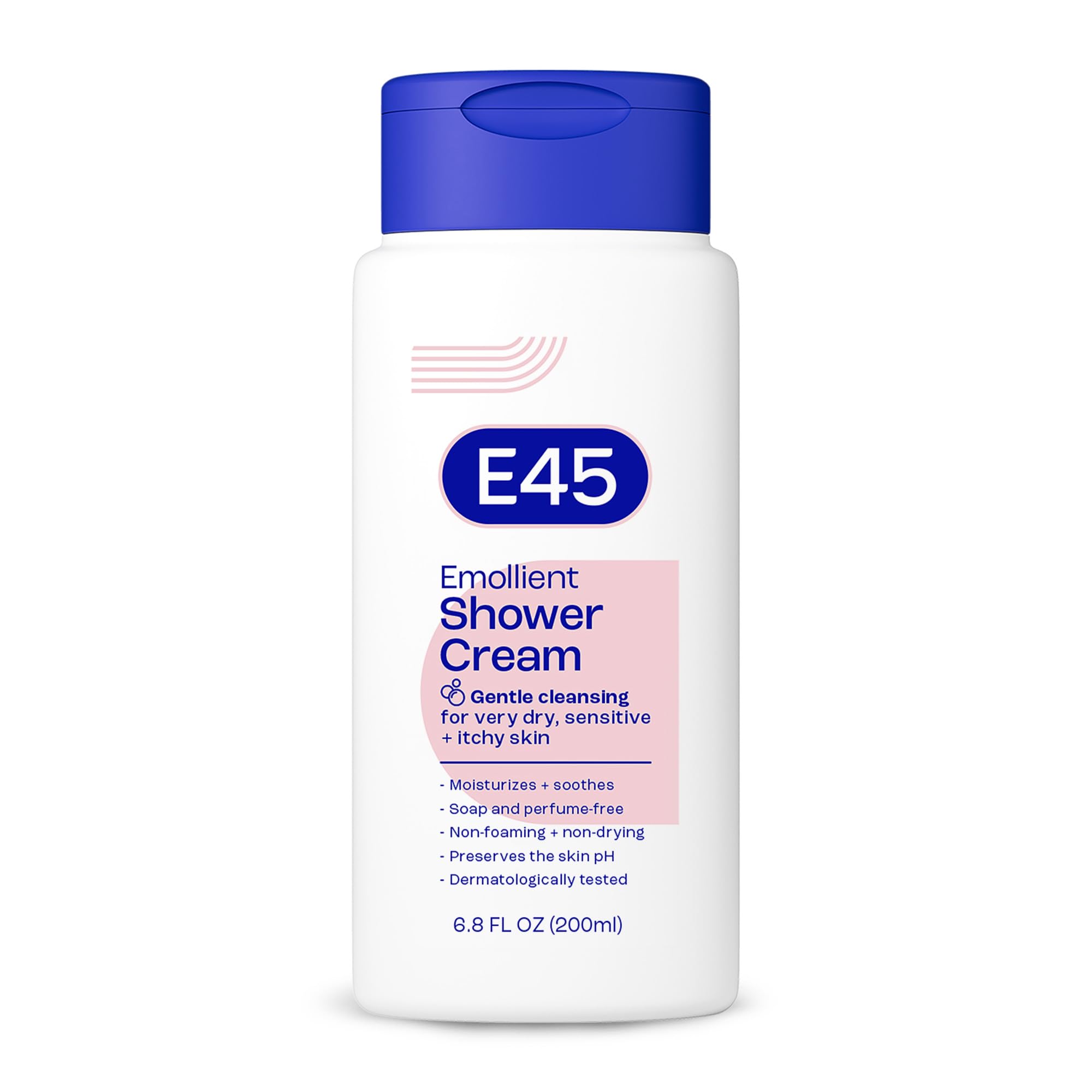 E45 Crème Douche Emolliente – bouteille 200ml, hydratation douce pour peau sèche.
