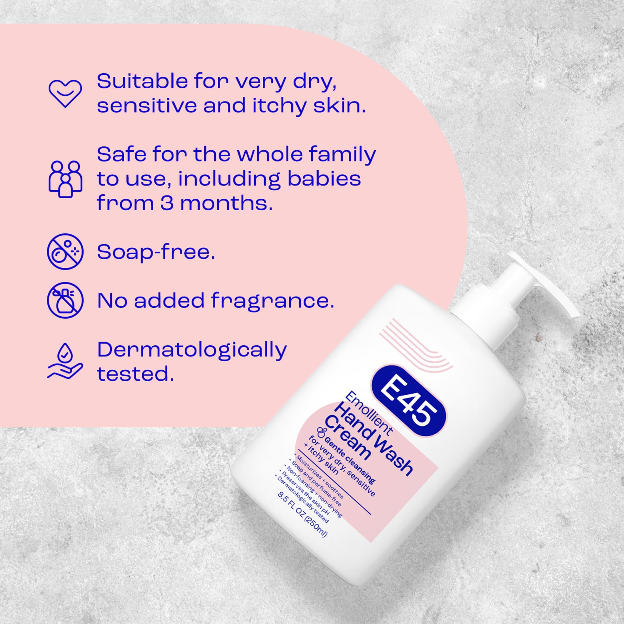E45 creme-douche-sans-parfum, formule neutre adaptée aux peaux sensibles.