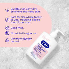 E45 creme-douche-sans-parfum, formule neutre adaptée aux peaux sensibles.