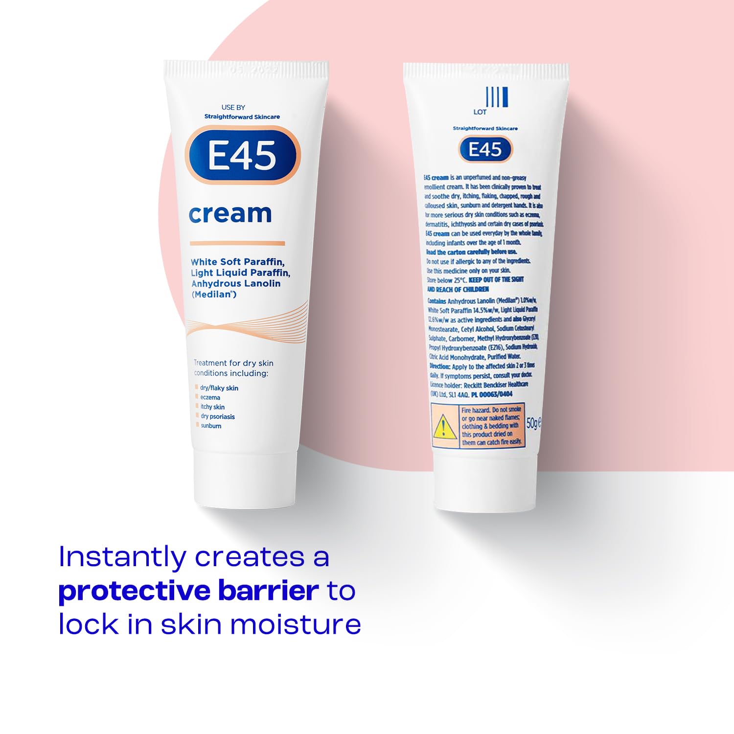 E45 Crème, texture non grasse, absorption rapide pour peau sensible.
