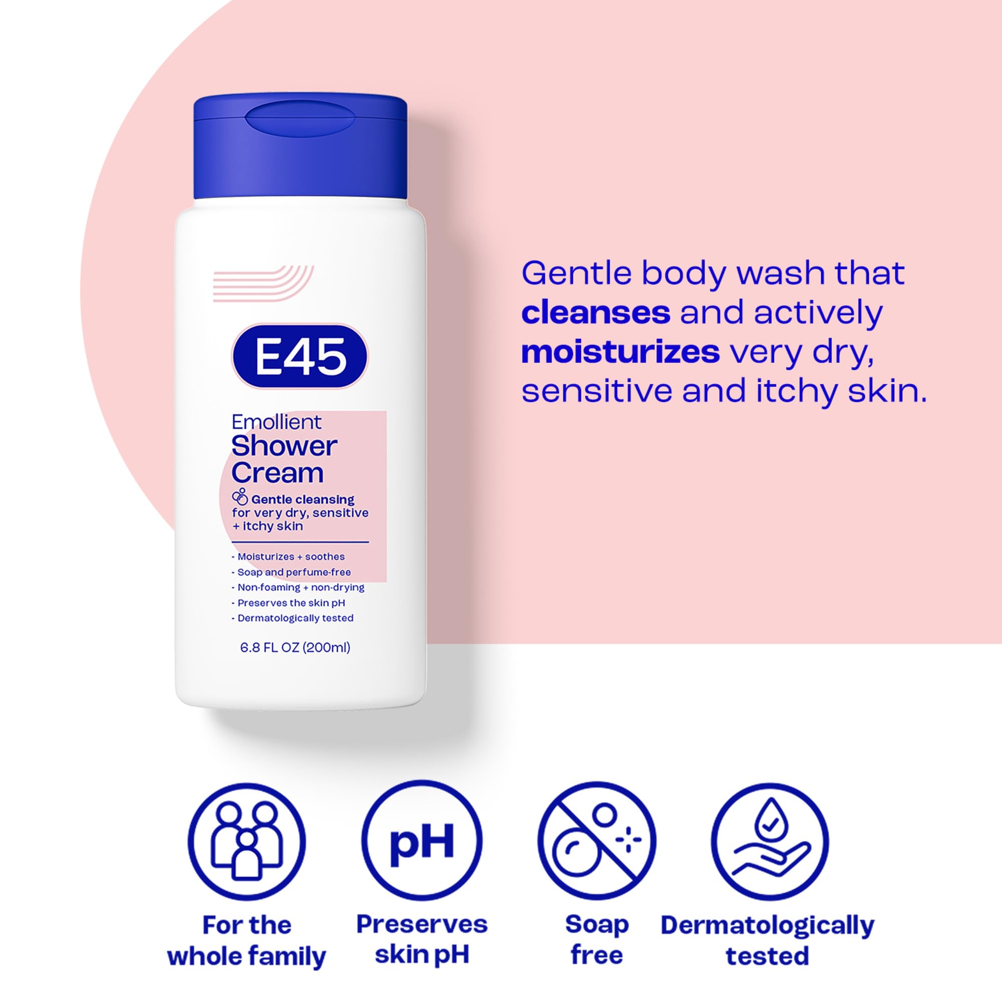 Texture crème émolliente E45 prête à être appliquée en douche.
