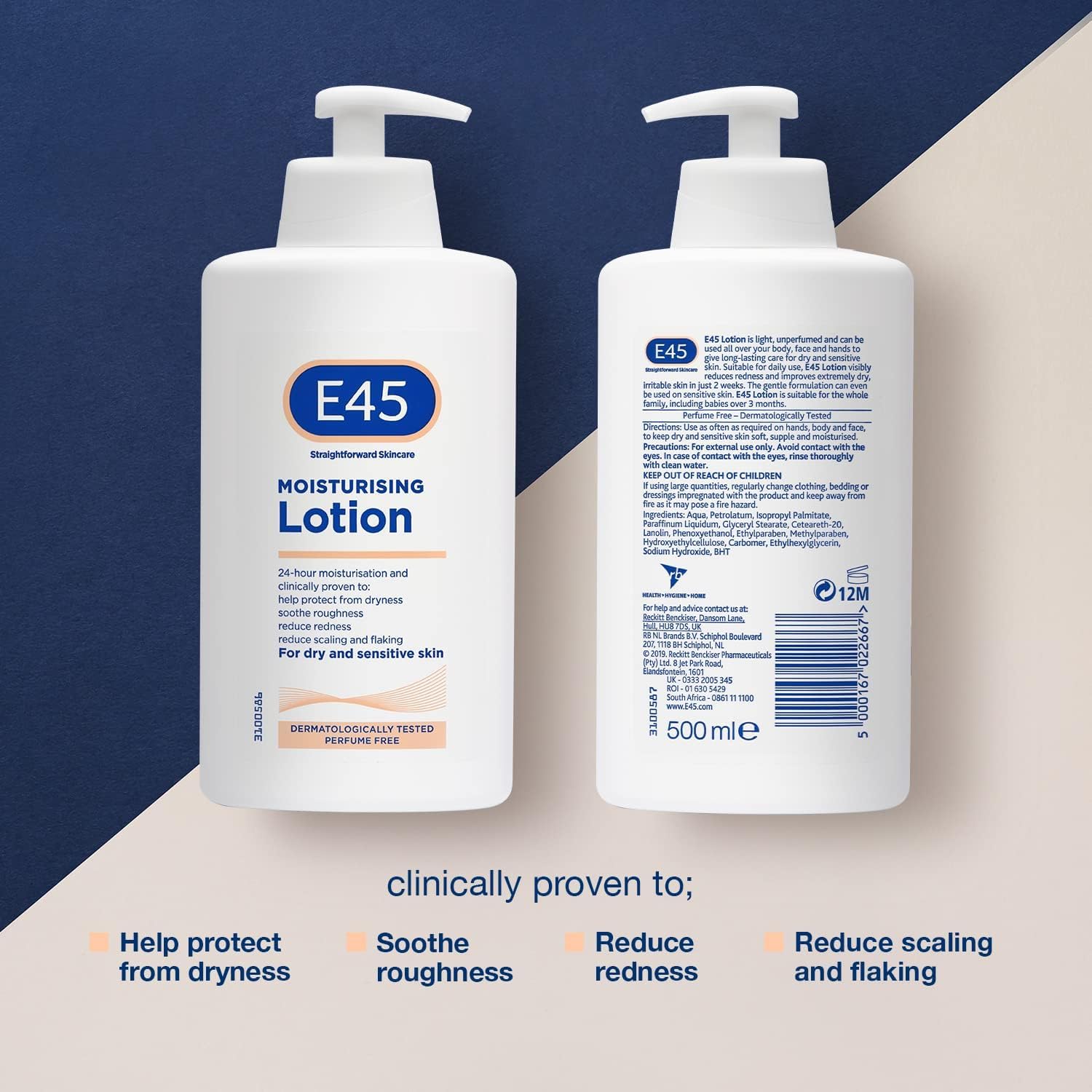 E45 sans parfum et hypoallergénique pour peaux sensibles.
