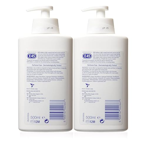 E45 lotion dermatologique, texture légère et absorption rapide.