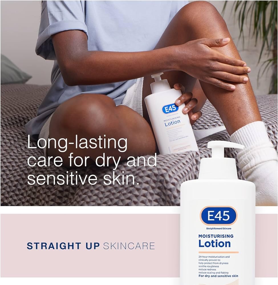 Lotion E45 dermatologique pour corps, visage et mains.