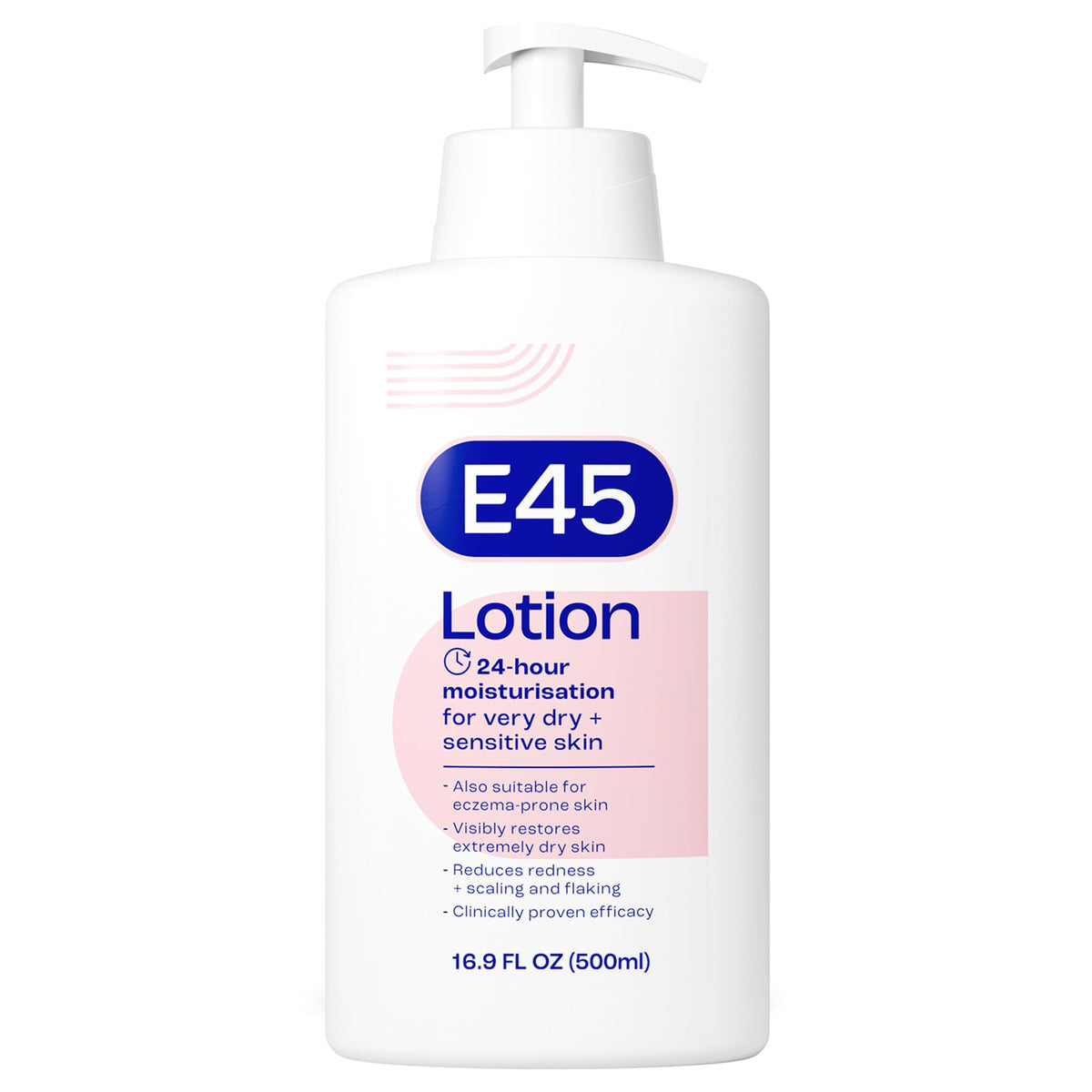 Lotion E45 hydratante en bouteille pompe pour peau sèche.