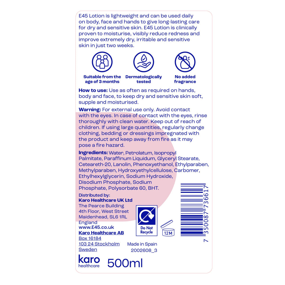 Pompe pratique pour doser facilement et proprement la lotion E45.