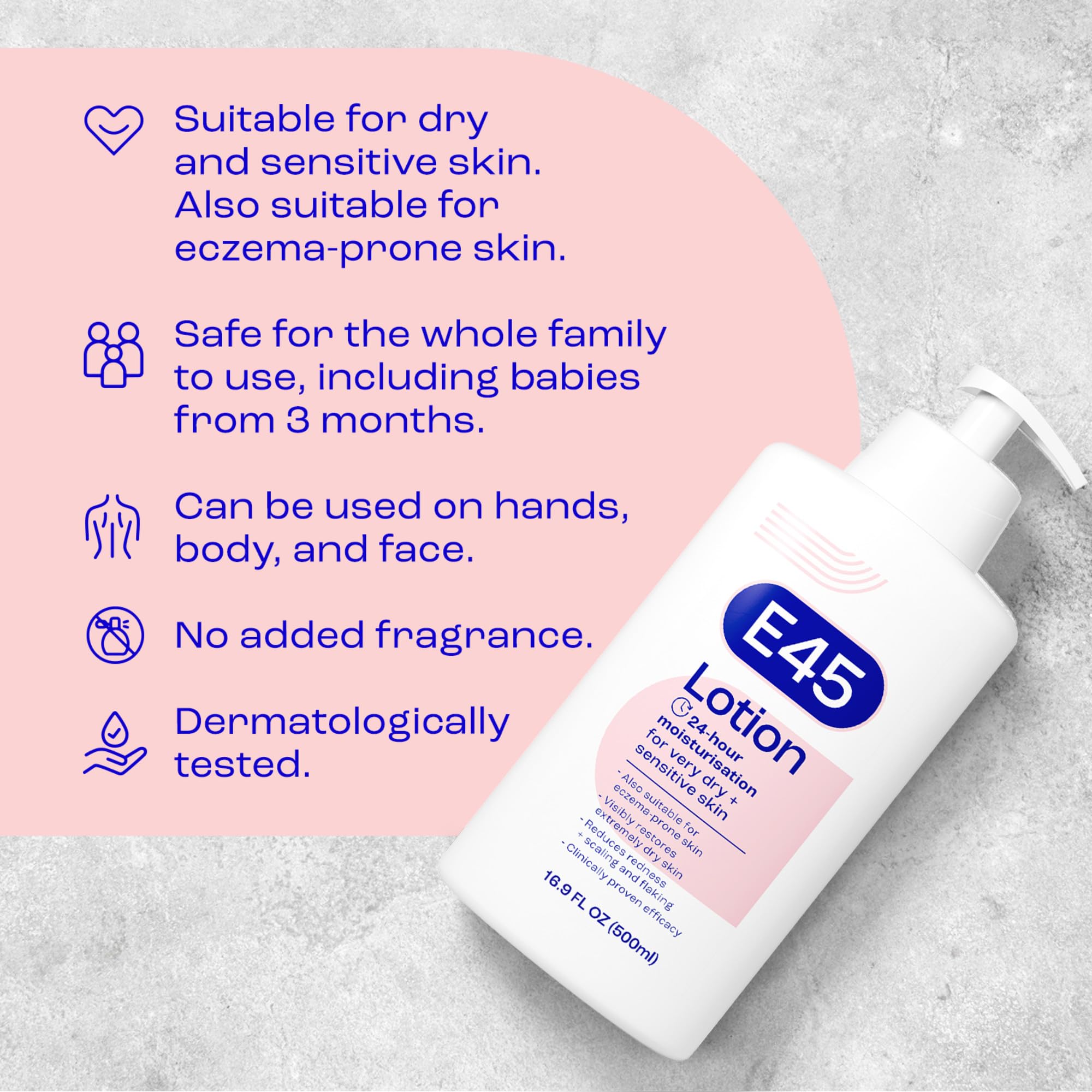 E45 Lotion adaptée au visage et au corps pour usage quotidien.
