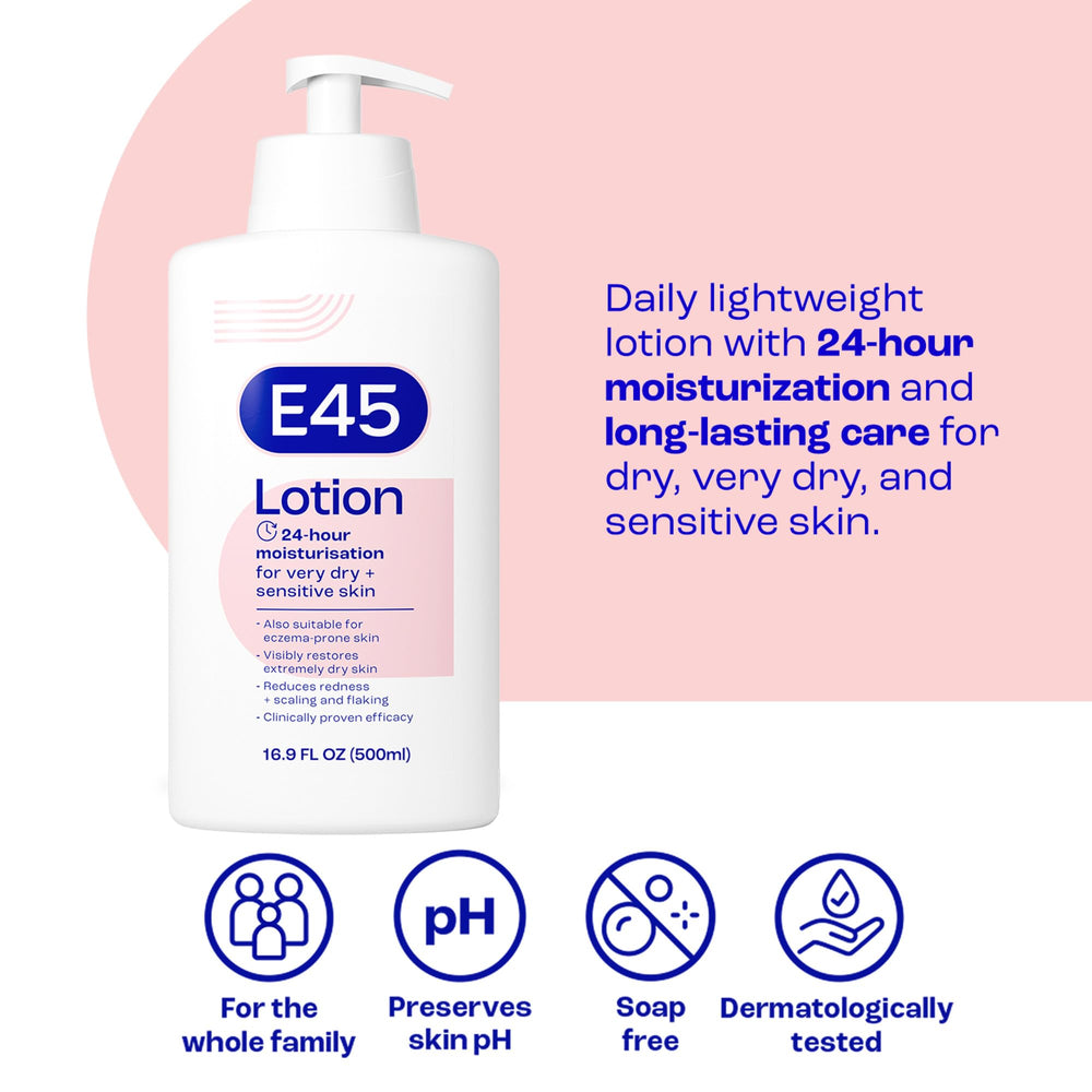 Lotion E45 sans parfum, texture légère et absorption rapide.