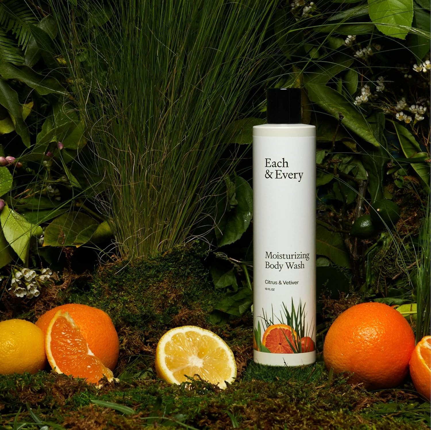 Close-up of citrus and vetiver oils for a refreshing, uplifting shower experience.
