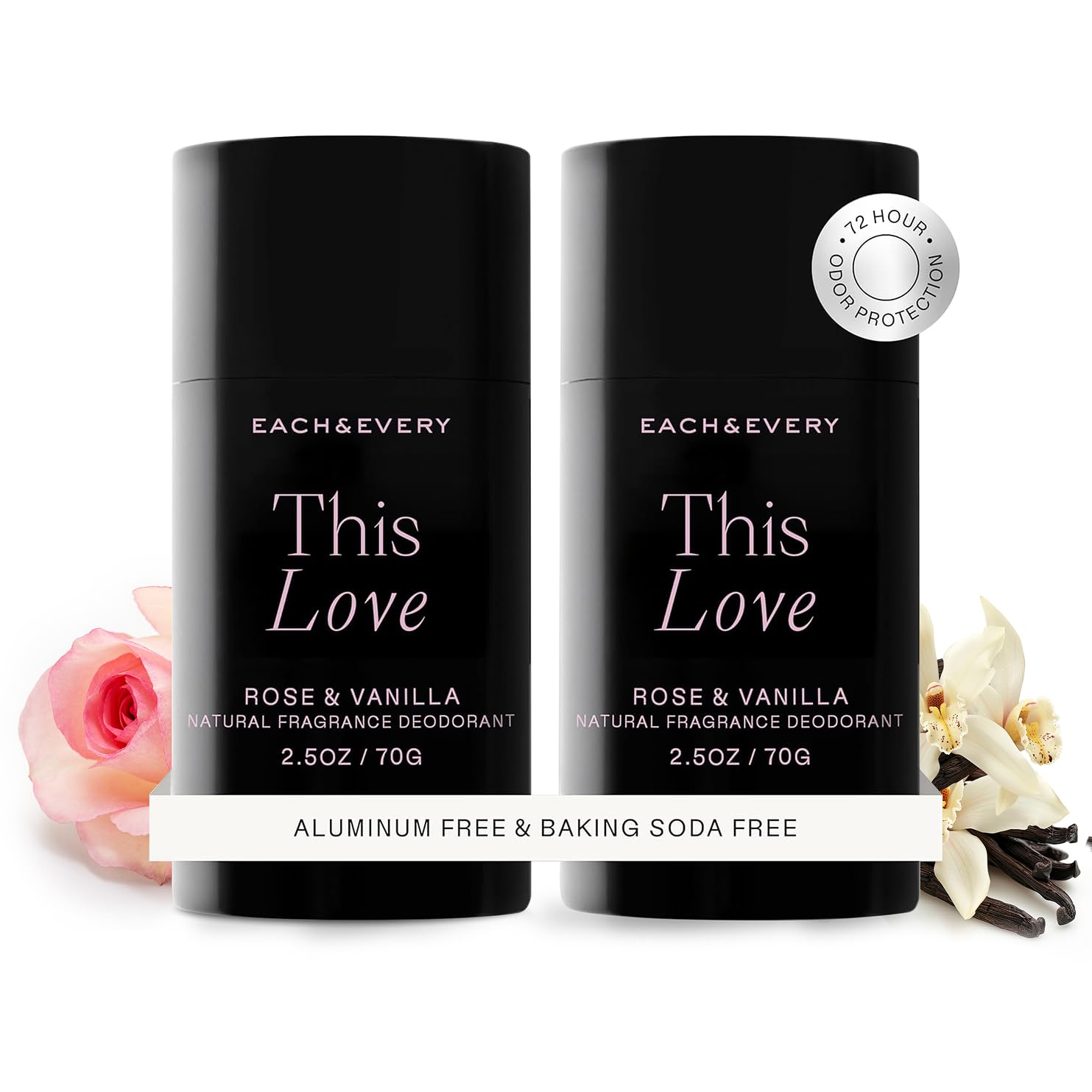 Each & Every déodorant rose-vanille, bouteille visible, parfum doux et longue tenue.
