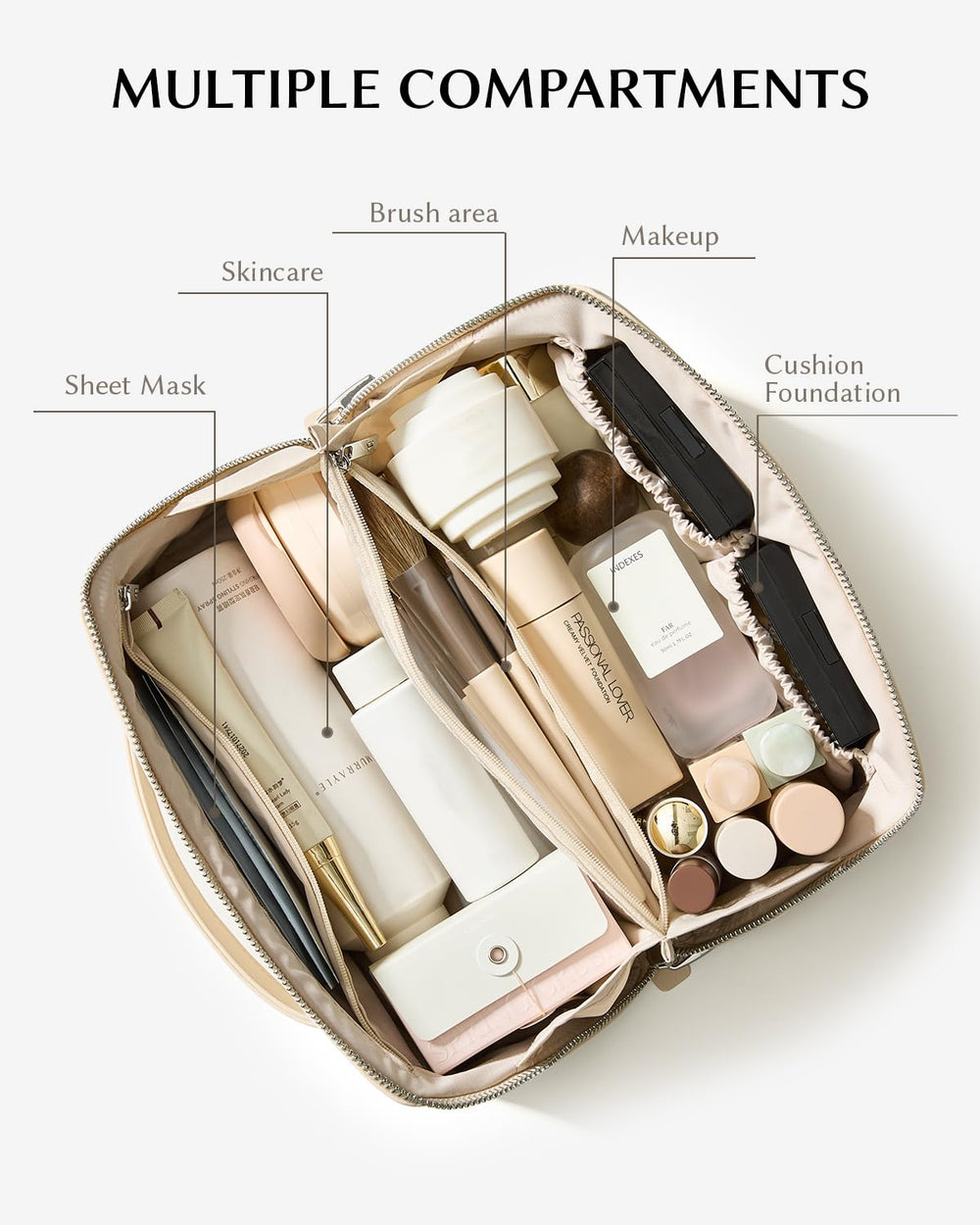 EACHY makeup bag inner pockets keep cosmetics organized.