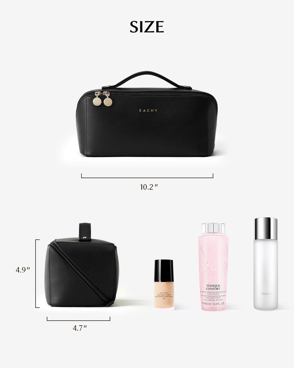 Matière imperméable EACHY: sac maquillage prêt pour voyages et intempéries.