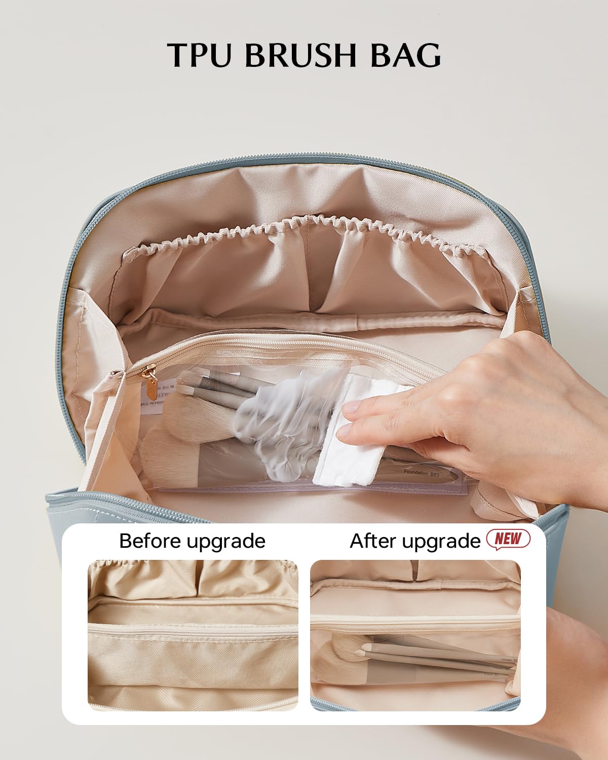 Eachy sac maquillage voyage, emplacement pinceaux TPU clair pour visibilité et propreté.