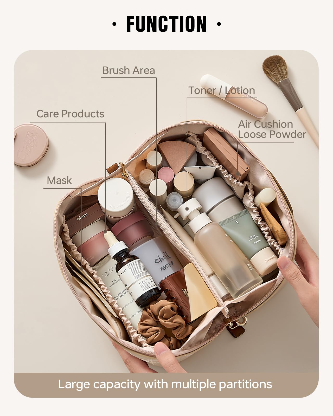 EACHY sac maquillage voyage: ouverture à plat pour un accès rapide.