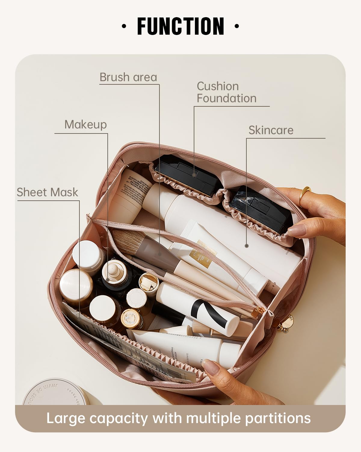 EACHY Travel Makeup Bag ouverte à plat pour tout voir et accéder rapidement.
