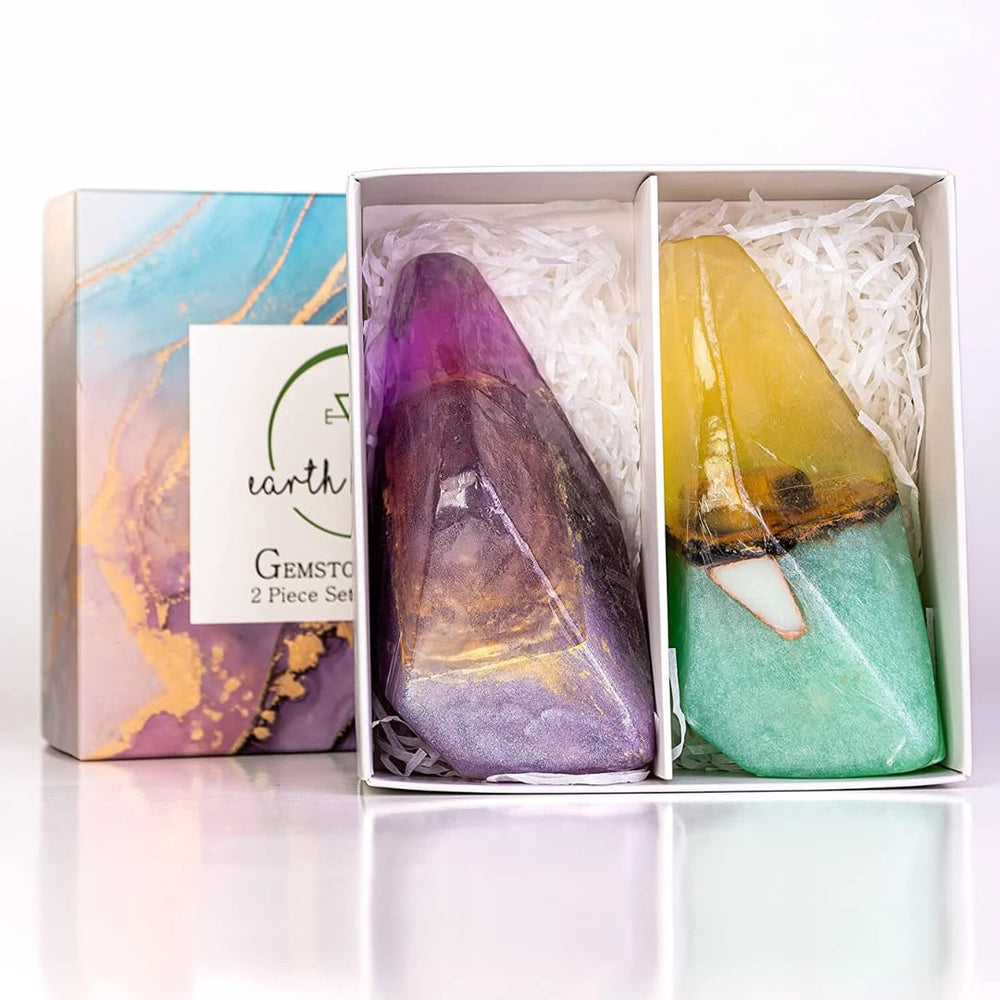 Earth & Home Savon Roche Amethyste: parfum envoûtant et cristal intérieur décoratif.