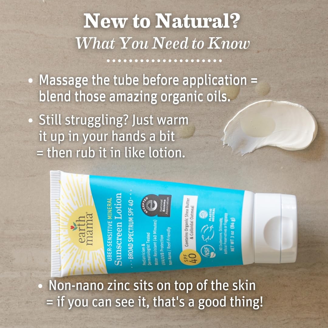 Earth Mama Uber-Sensitive Sunscreen Lotion water-resistant label indicates protection during swimming.