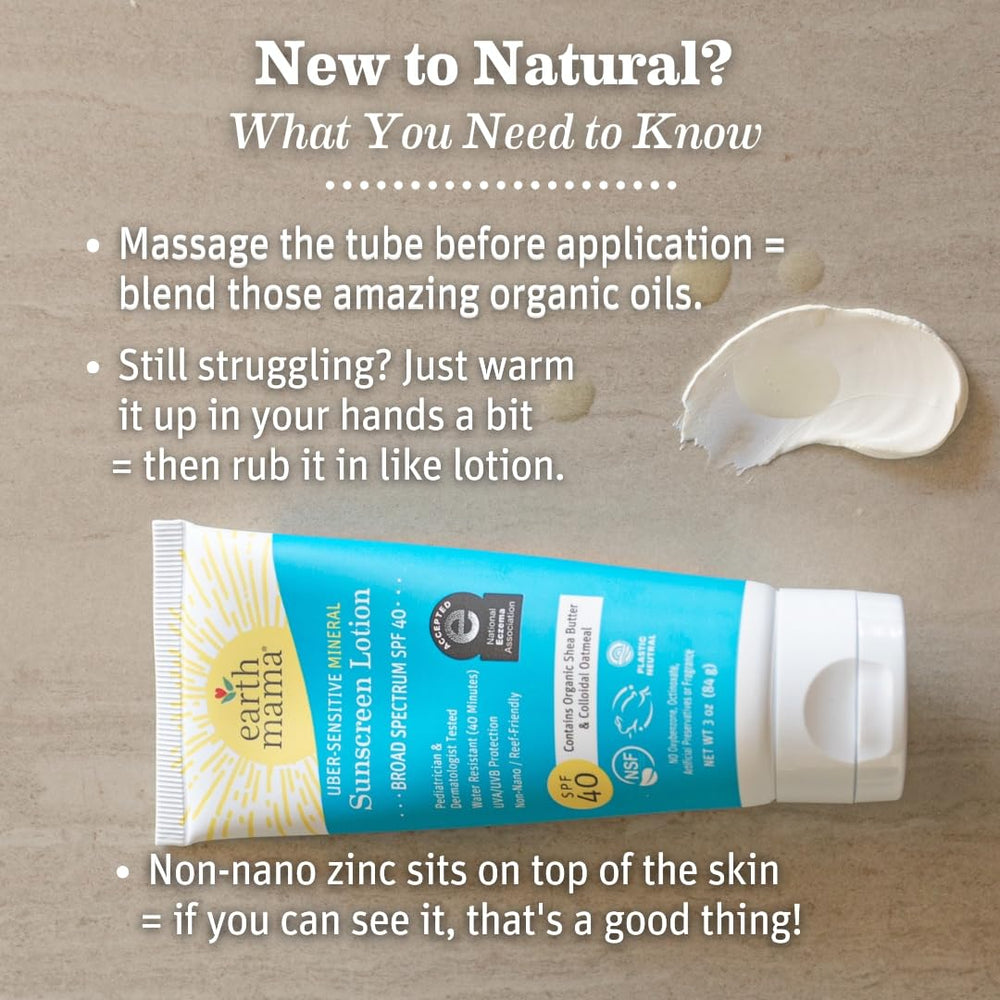Earth Mama Uber-Sensitive Sunscreen Lotion water-resistant label indicates protection during swimming.