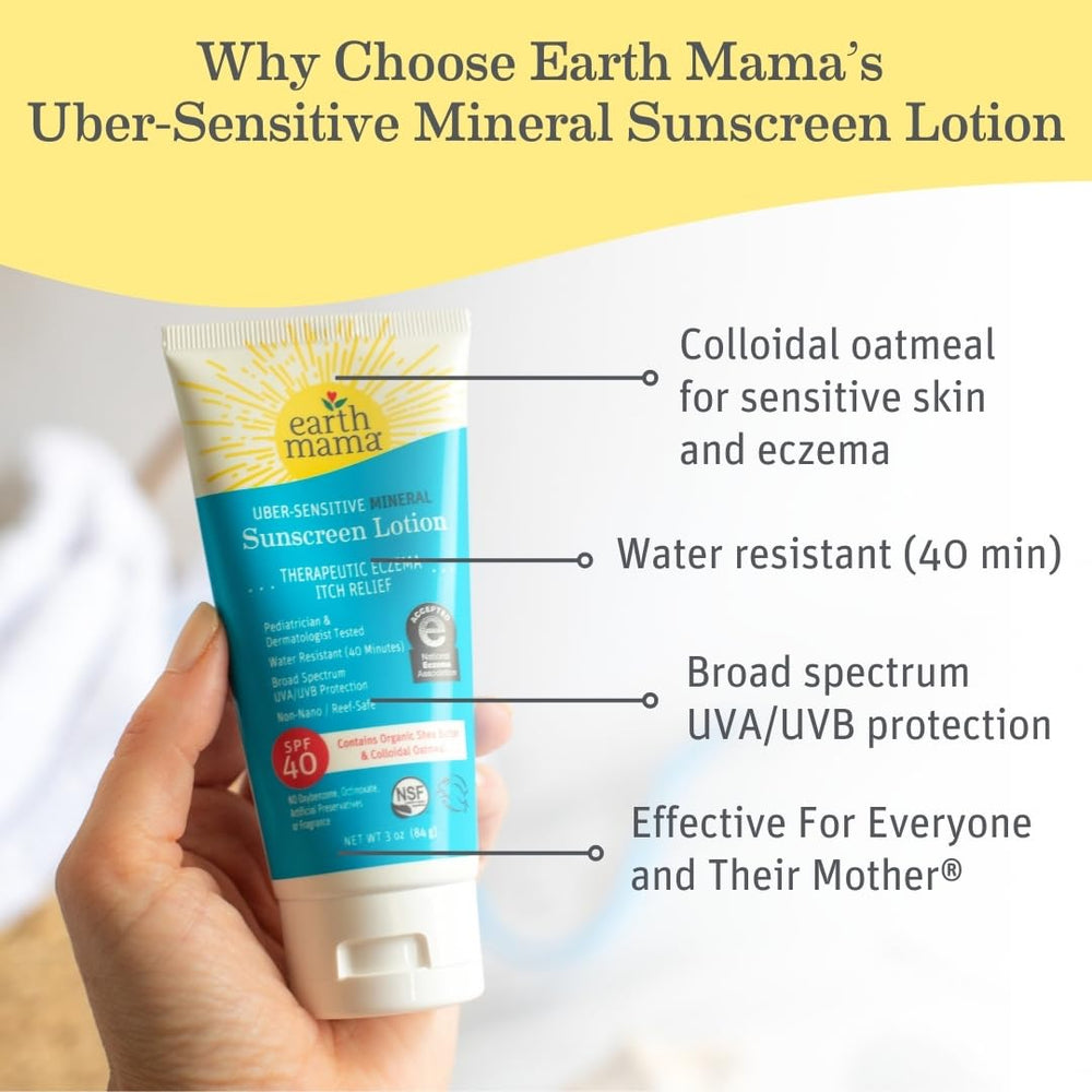 Earth Mama Uber-Sensitive Sunscreen Lotion non-nano zinc illustration communicates mineral-based protection.