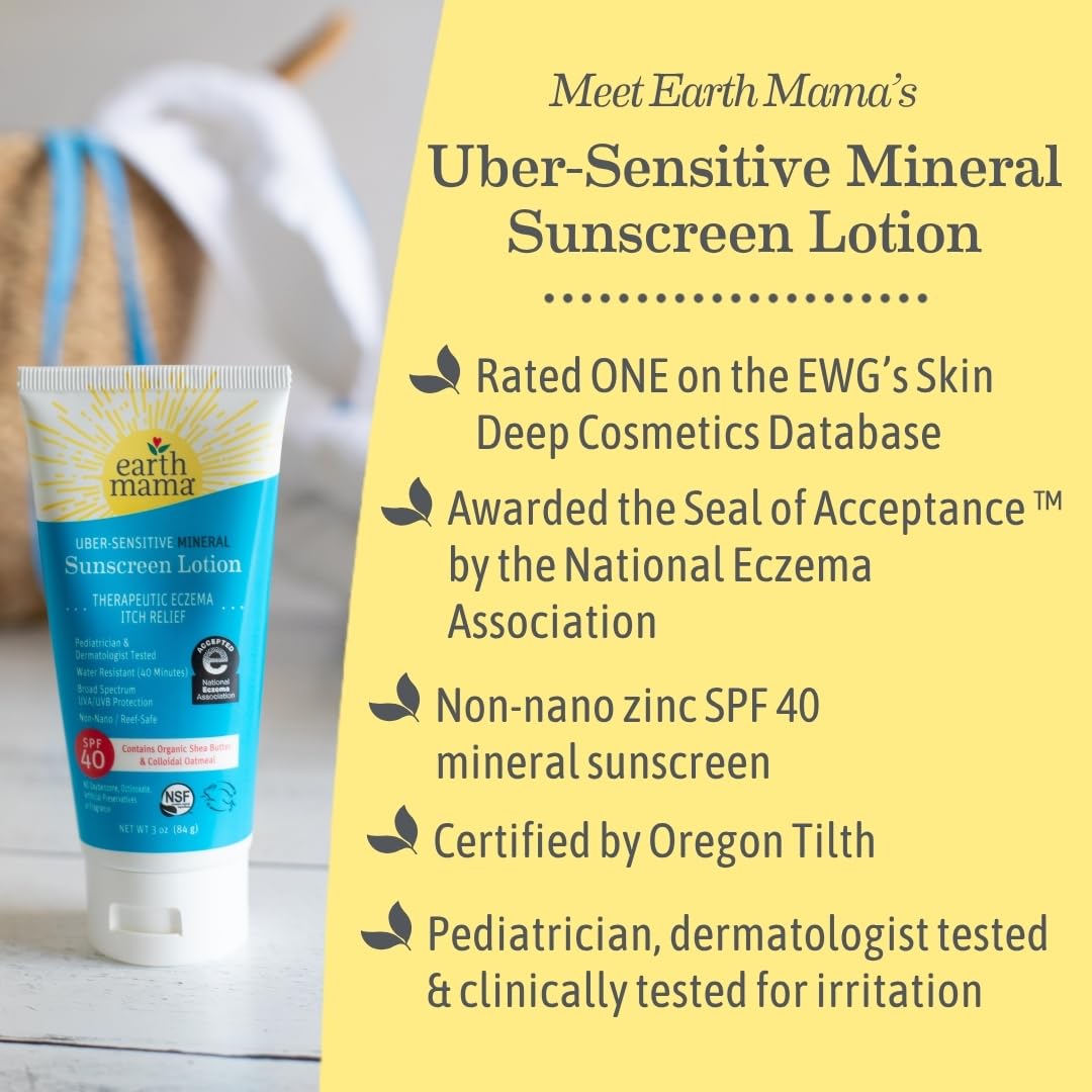 Earth Mama Uber-Sensitive Sunscreen Lotion with oats and cream highlights soothing skin.