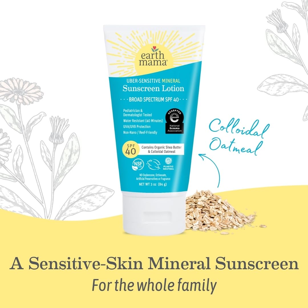 Earth Mama Uber-Sensitive Sunscreen Lotion oats and shea butter blend signals soothing routine.