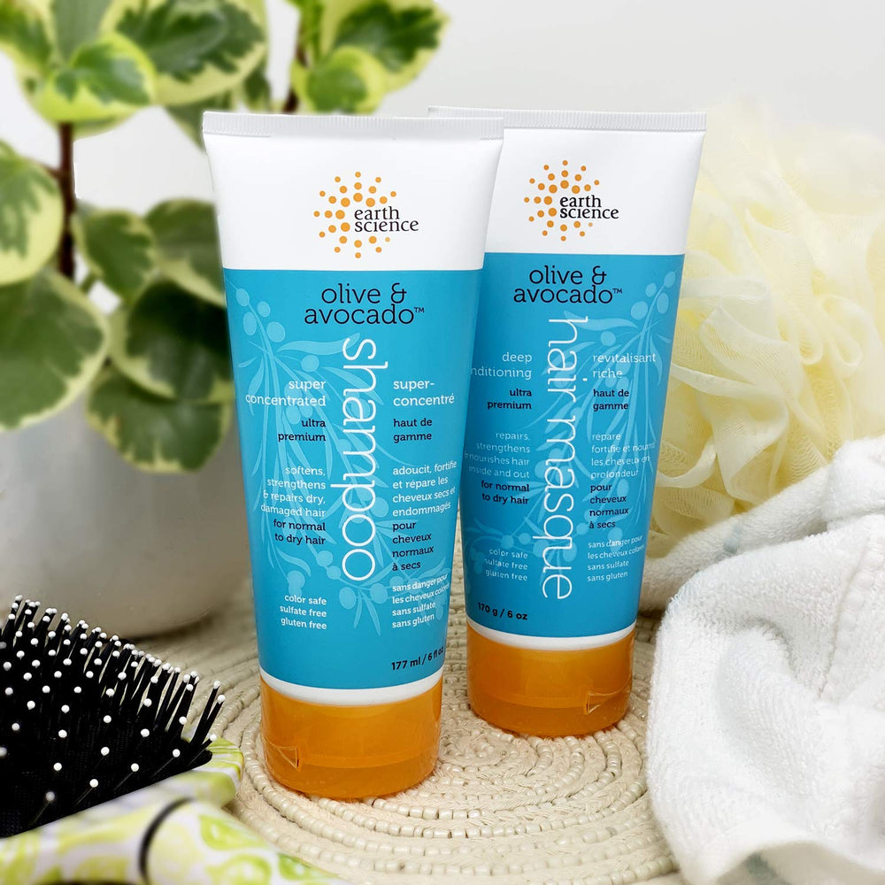 Earth Science Utilisation du masque avec le shampooing Olive et Avocat.