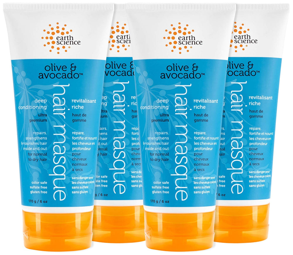 Earth Science Masque Cheveux Olive Avocat, bouteille montrée, soin nourrissant pour cheveux secs