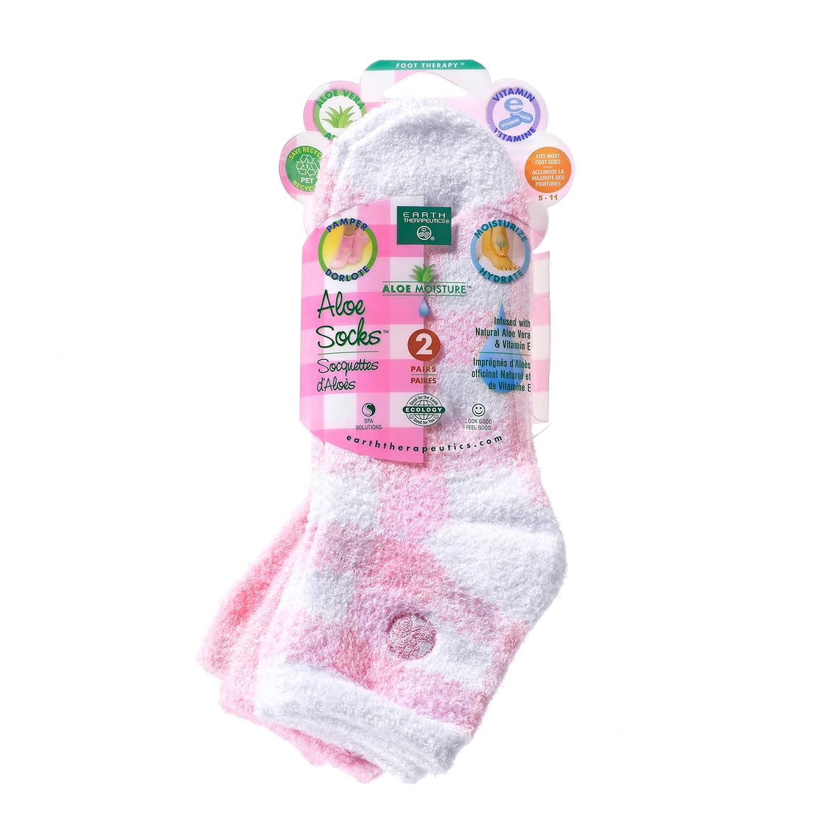 Earth Therapeutics Aloe Socks, chaussettes Aloe Rose Carreaux, hydratation douce des pieds.