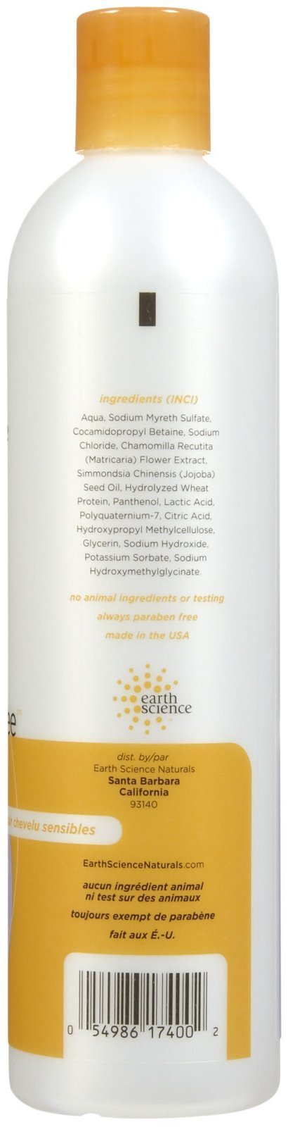 Earth Therapeutics Shampoo sans parfum, étiquette vegan indiquant utilisation douce et hydratante.