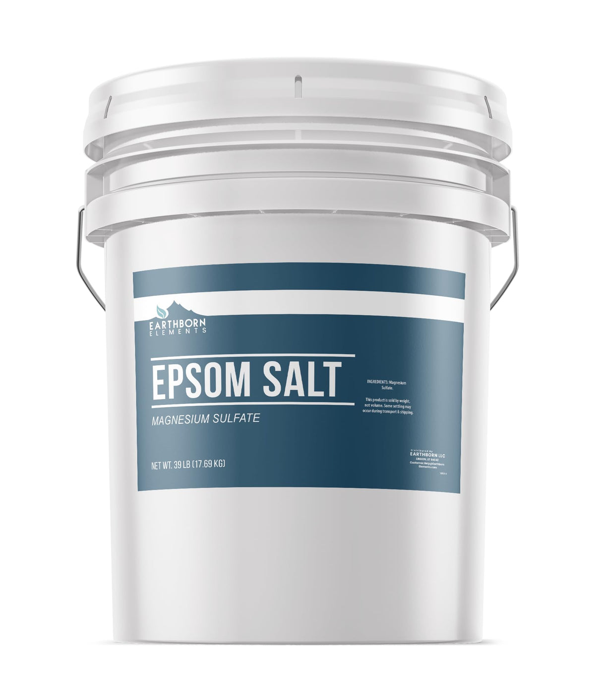 Earthborn Elements Epsom Salt dans un seau étanche, stockage pratique et longue conservation.