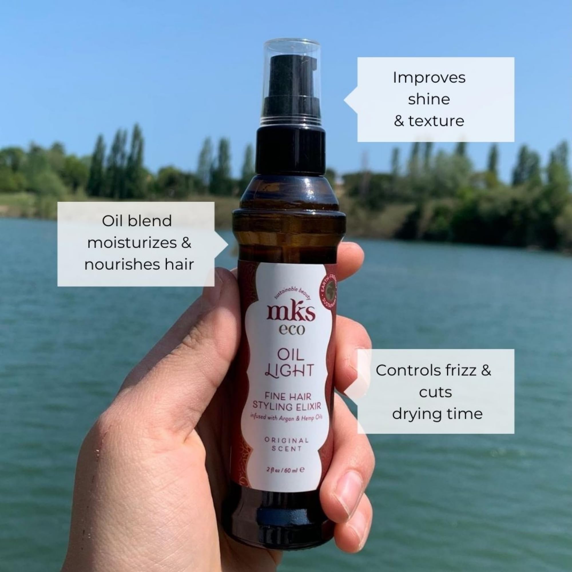 Earthly Body MKS Eco Hair Elixir – cheveux fins après usage, fini lisse sans lourdeur.
