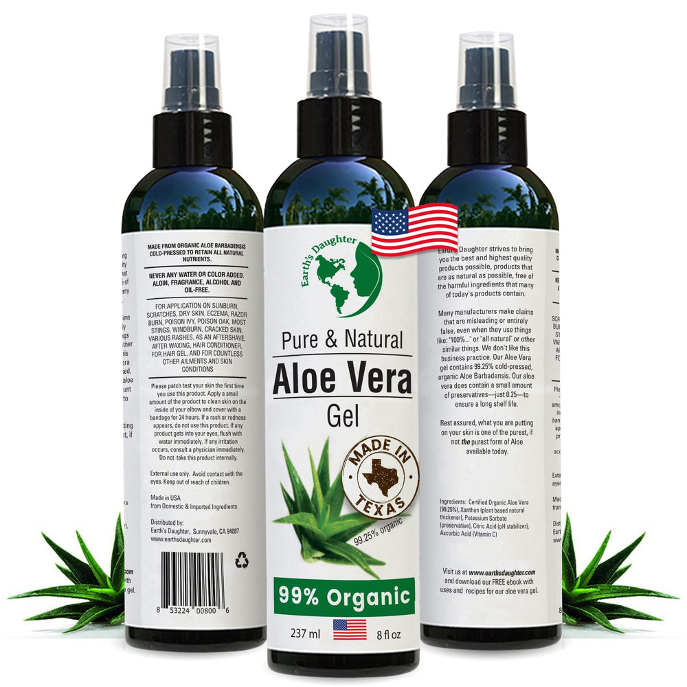 Gel d’aloe Earth’s Daughter en bouteille, hydratant et naturel pour visage et corps.