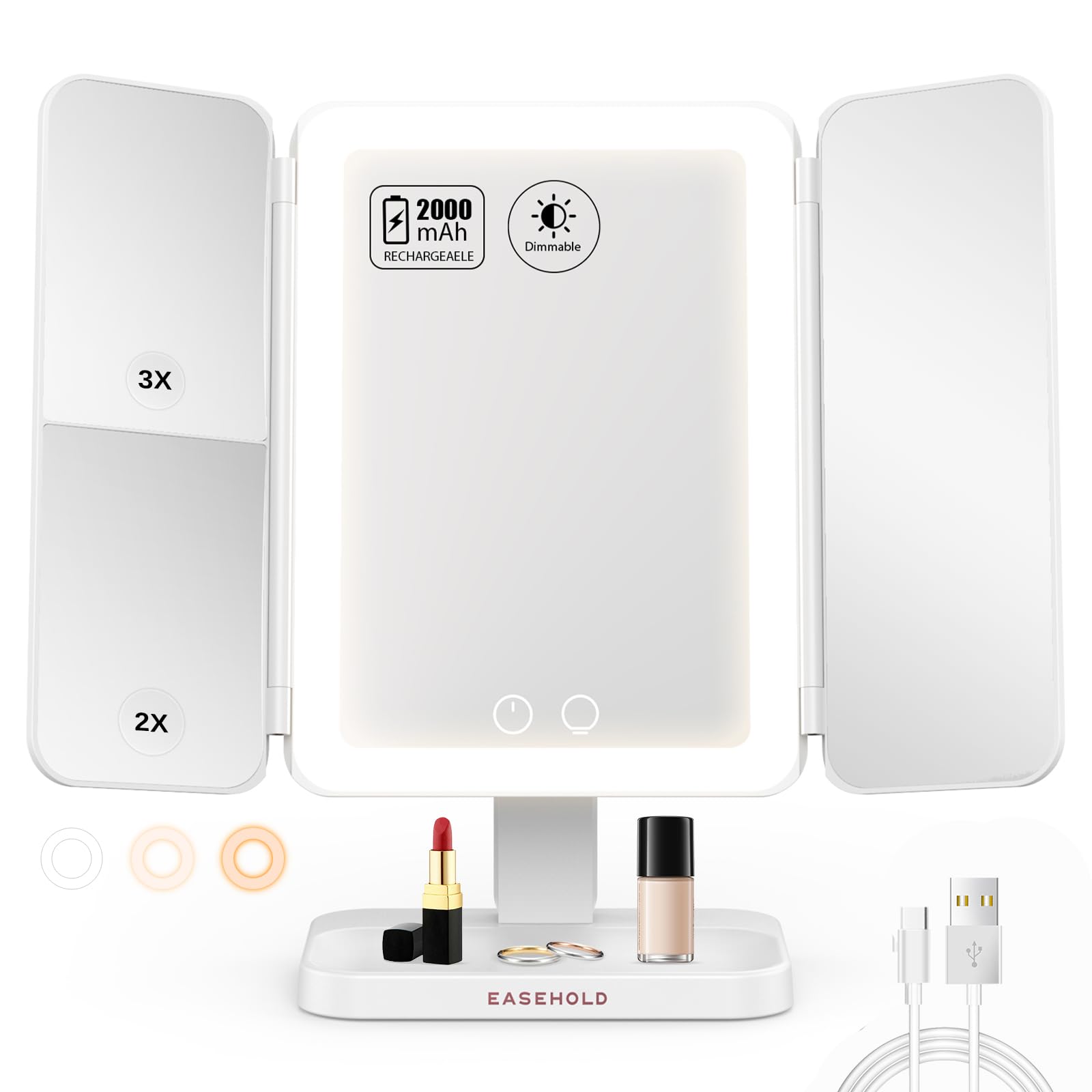 Miroir EASEHOLD avec grossissement 3x pour détails précis du maquillage.