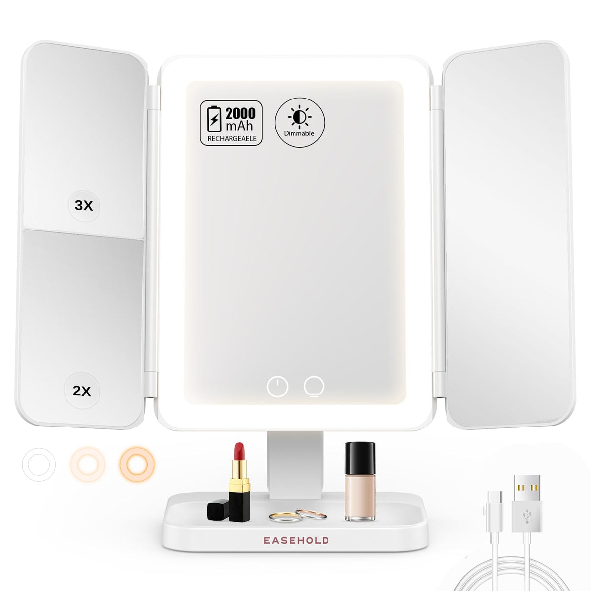 Miroir EASEHOLD avec grossissement 3x pour détails précis du maquillage.