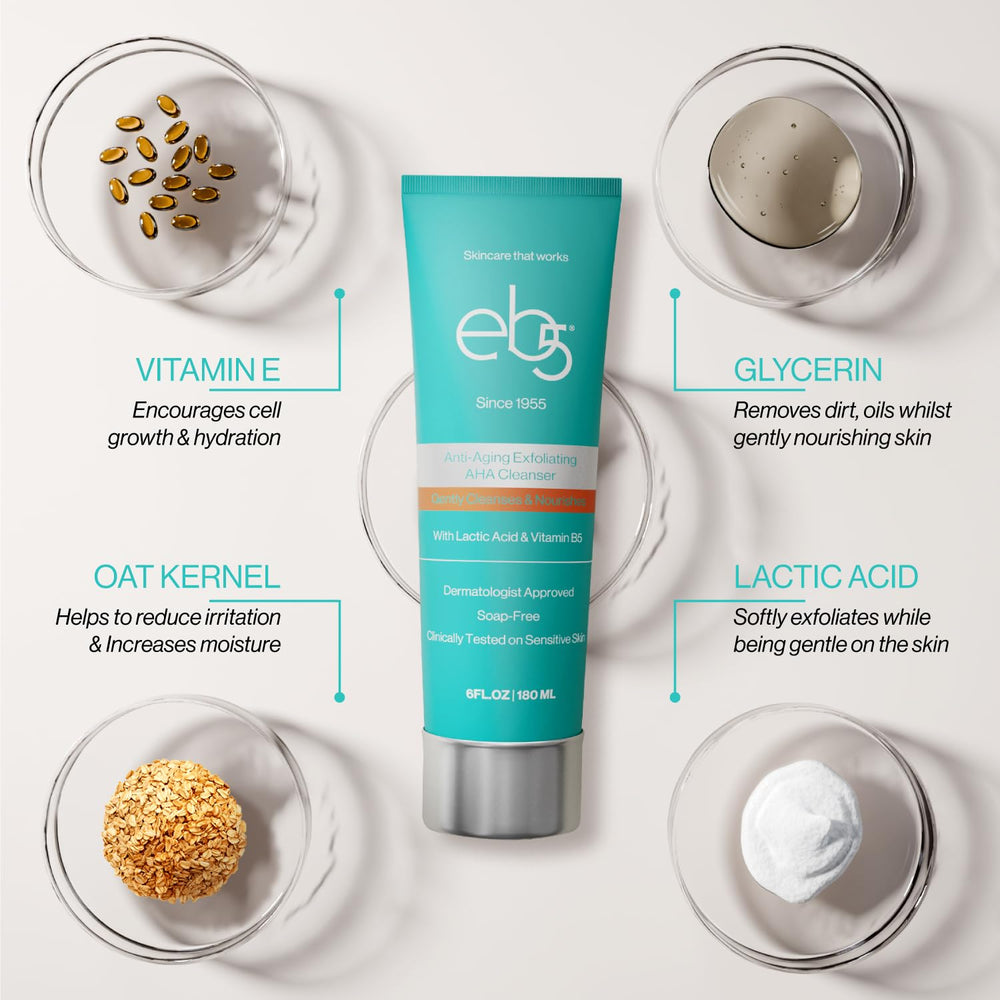 eb5 Lotion Exfoliante AHA: vitamines E et B5 pour hydratation et soutien cutané.