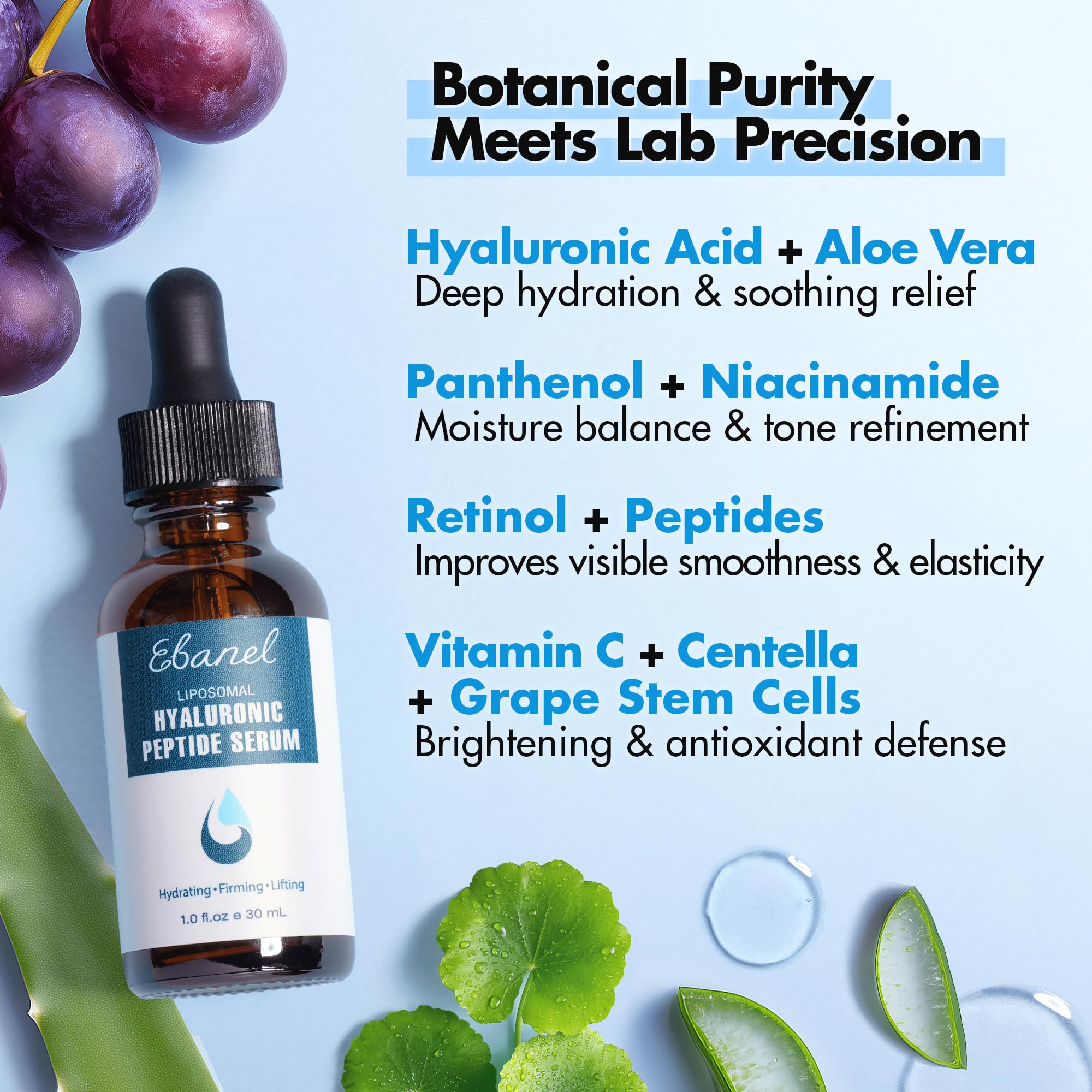 Visual of key ingredients including hyaluronic acid and niacinamide