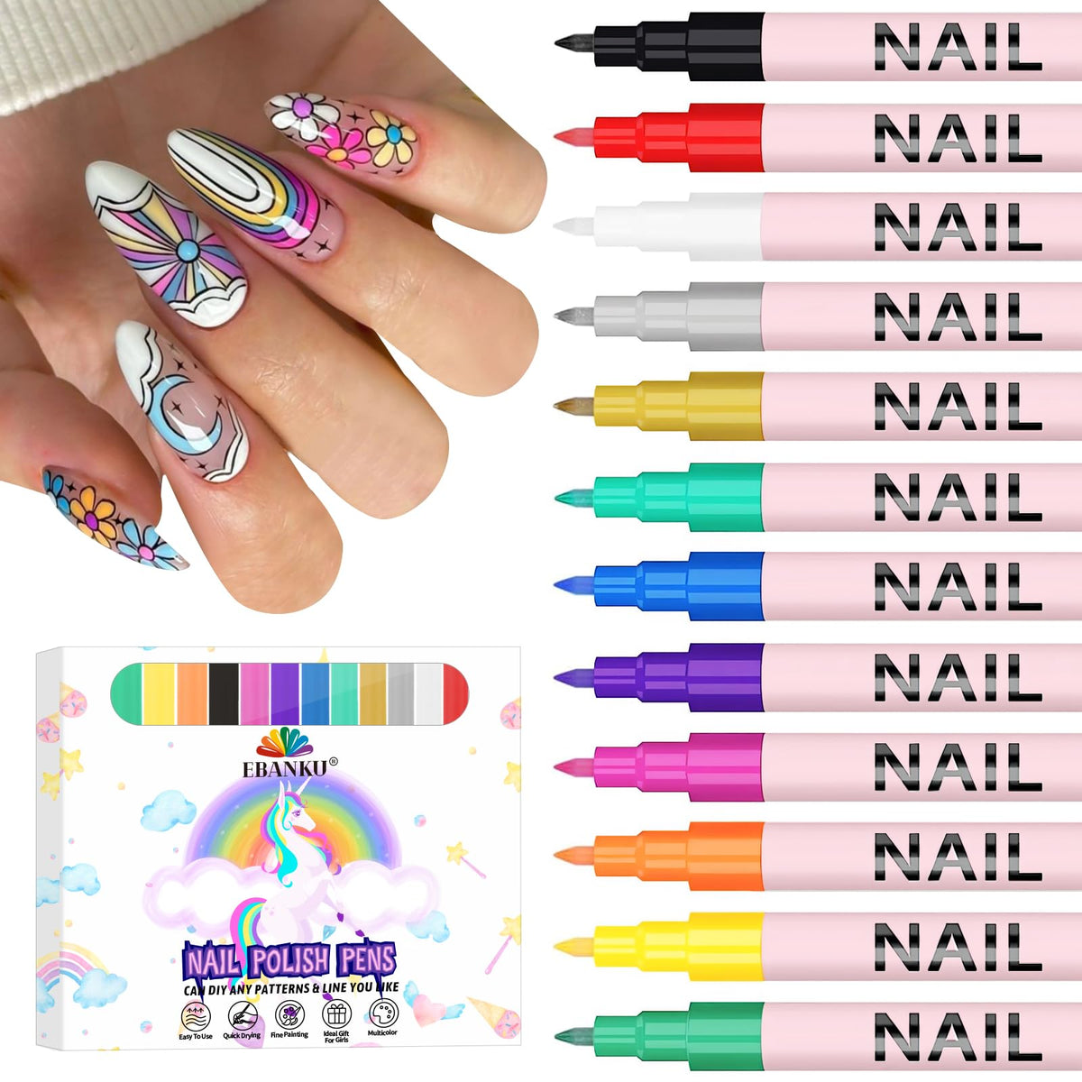 EBANKU ensemble-stylo-art-ongles 12 couleurs, pratique pour créer facilement des styles variés.