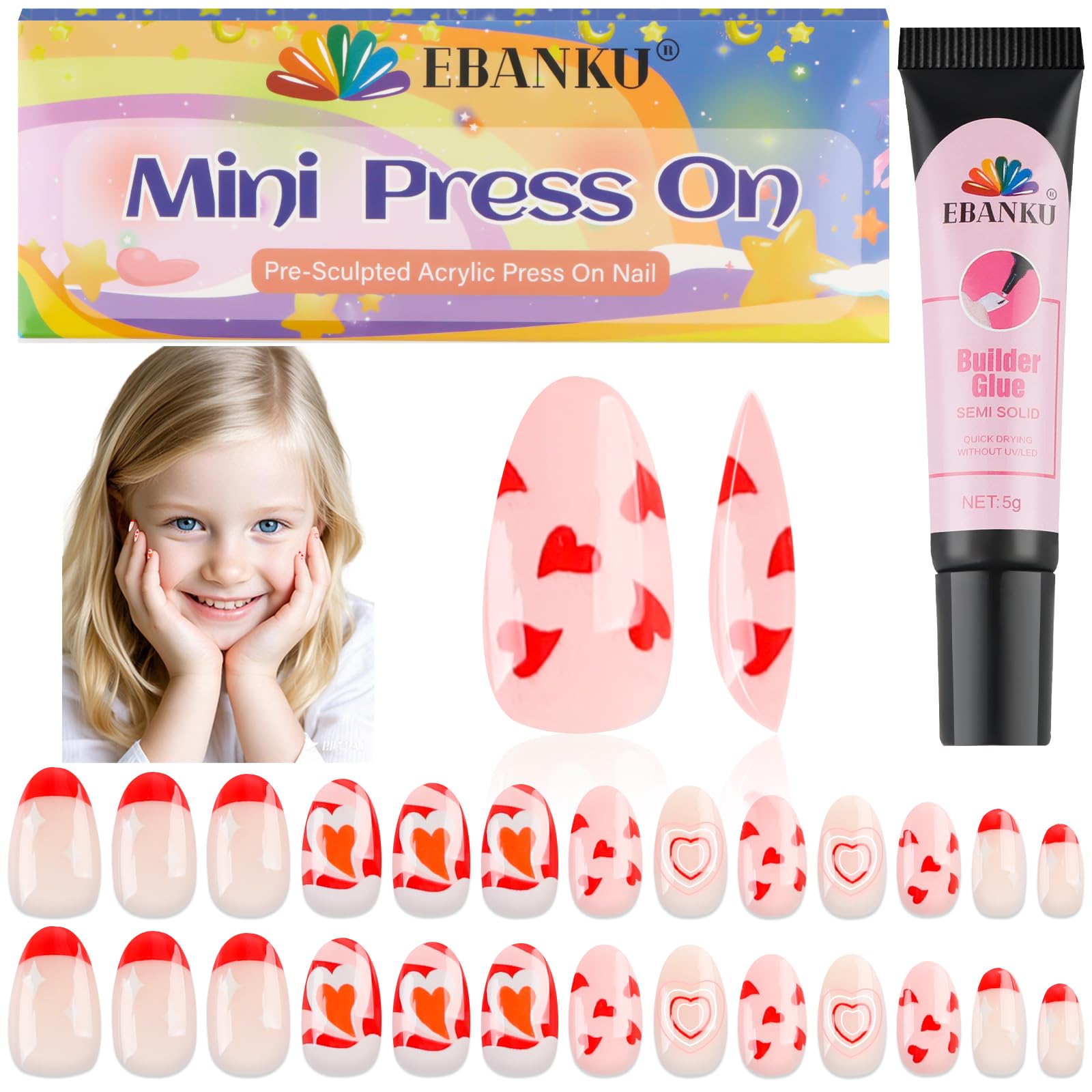 EBANKU kit ongles enfants coeur rouge – pose rapide sans UV