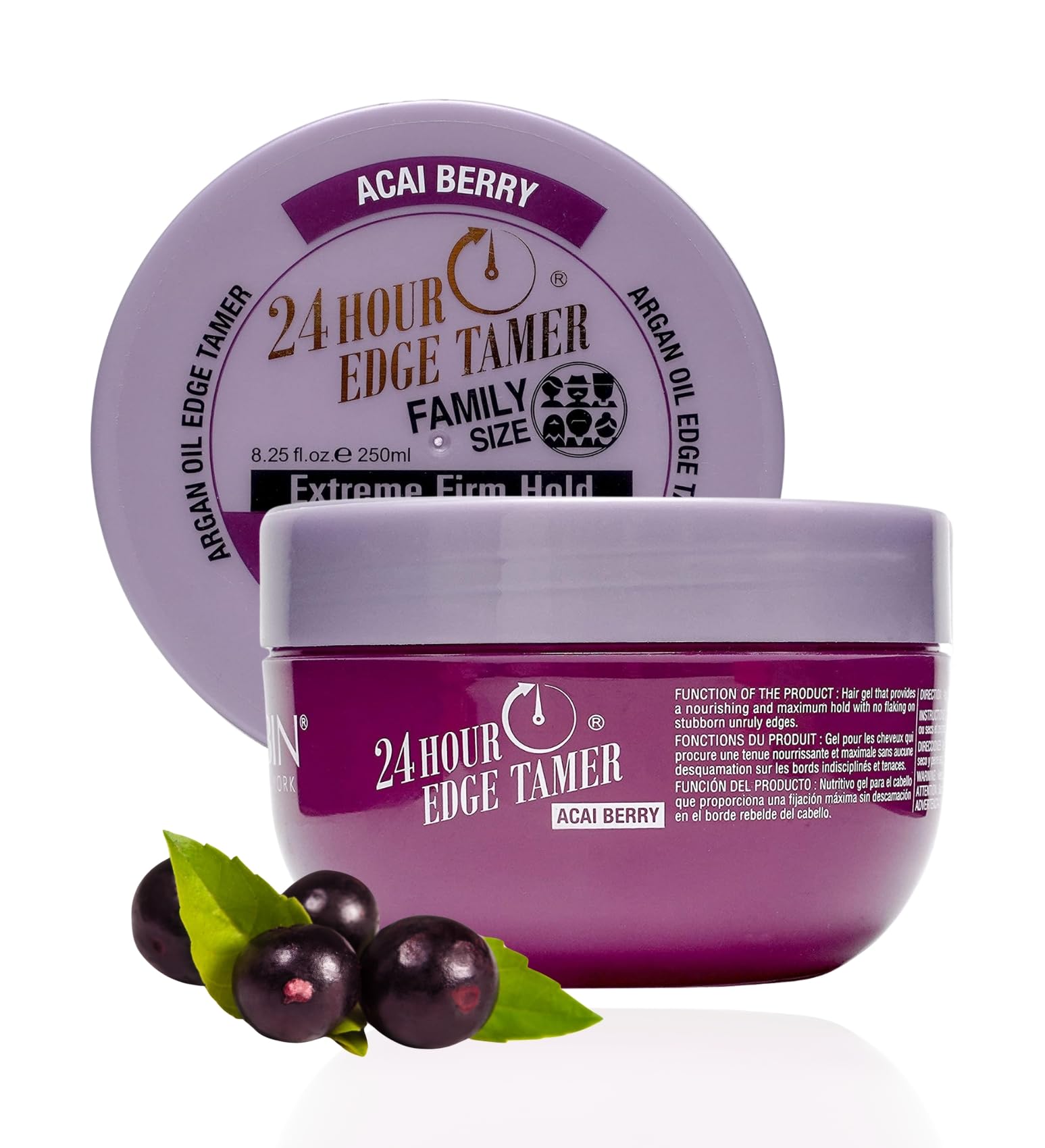 Gel EBIN NEW YORK 24H Edge Tamer, bouteille acai berry, tenue durable.